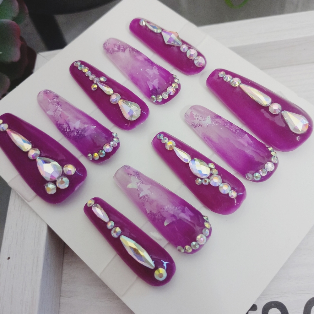 Full diamond set purple glow in the dark acrylic coffin nails